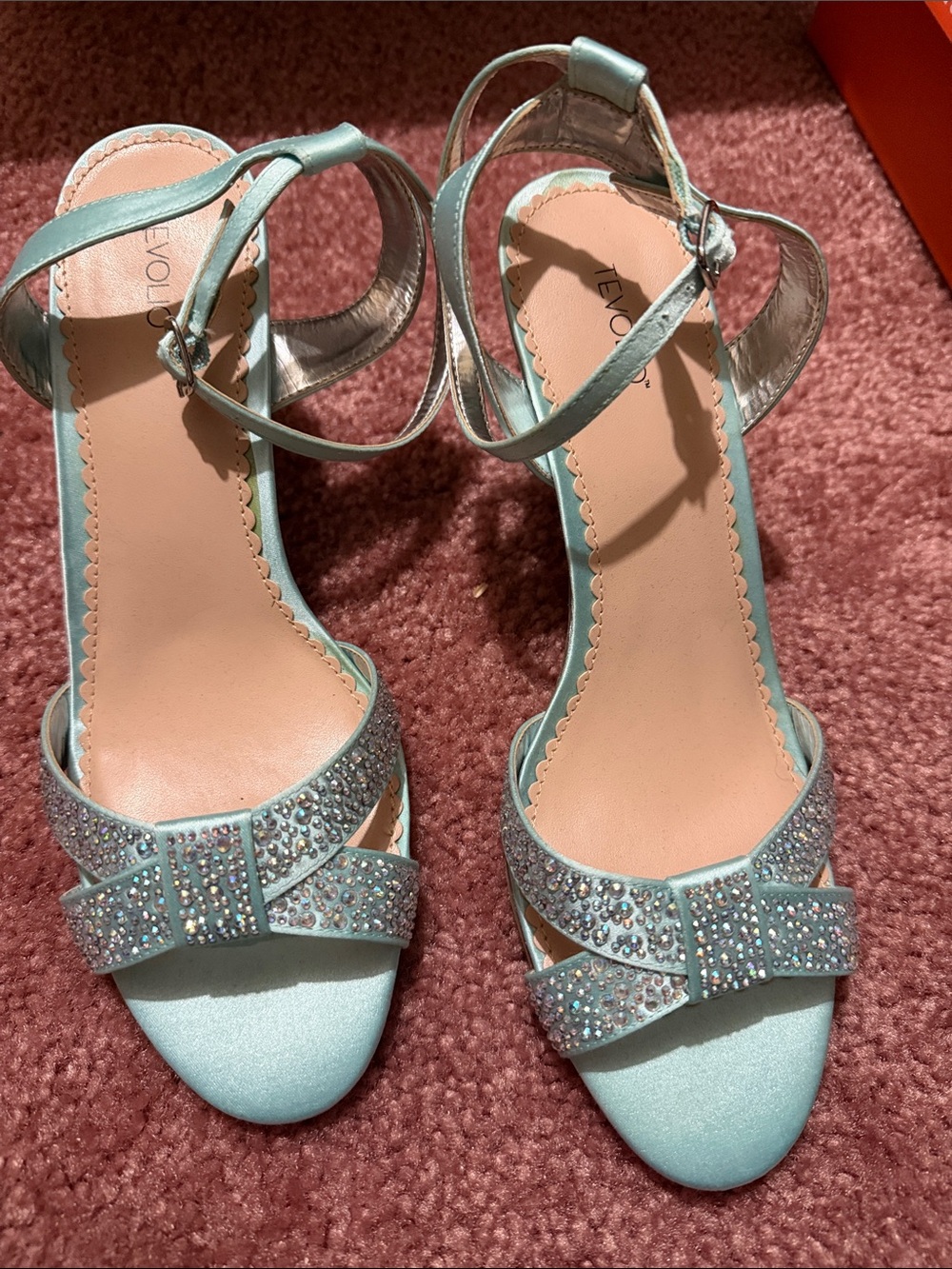 Tevolio Mint Blue Crystal Bow Ankle-Strap Heels